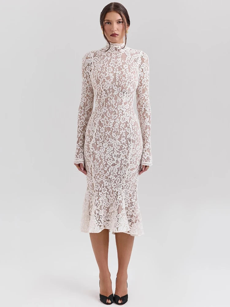 White Lace Dress  Elegant Long Sleeve Midi  Venia Belle