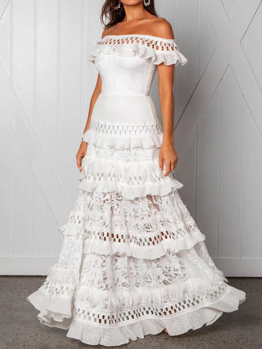 One Shoulder Ruffle Lace Patchwork Maxi Dress