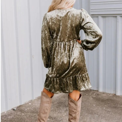 Velvet V-Neck Long Sleeve Babydoll Mini Dress with Ruffle Hem