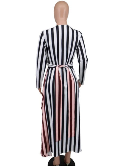 Striped Patchwork Deep V Long Sleeve Maxi Dress