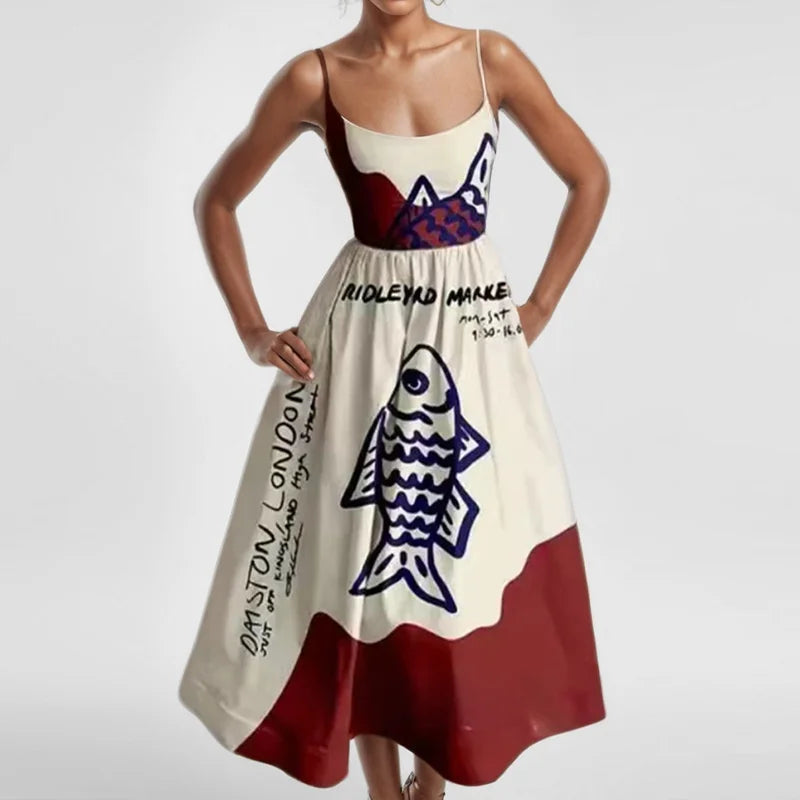 Graphic Print Spaghetti Strap Midi Dress