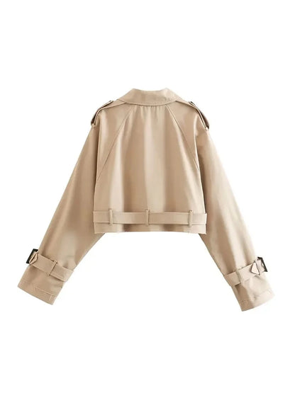 Women’s Cropped Trench Coat Double Breasted Belted Jacket