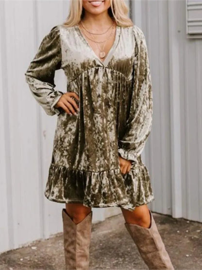 Velvet V-Neck Long Sleeve Babydoll Mini Dress with Ruffle Hem