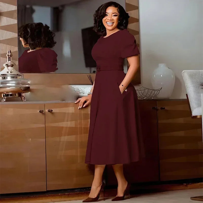 Solid Belted O-Neck A-Line Midi Dress