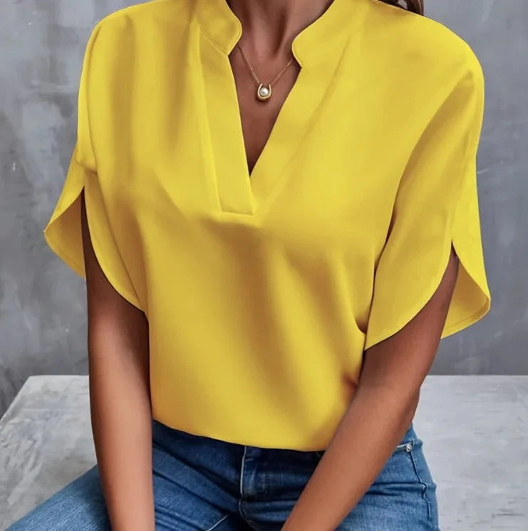 Women’s V-Neck Notch Collar Short Sleeve Loose Blouse