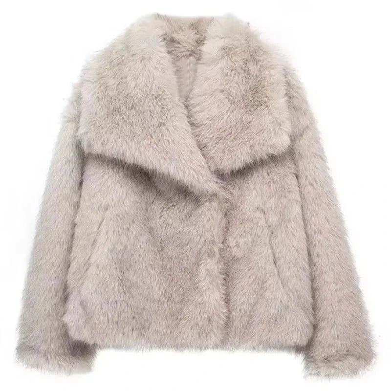 Women’s Faux Fur Oversized Winter Jacket with Turn-Down Collar