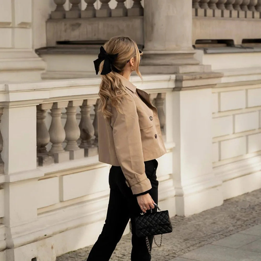 Women’s Cropped Trench Coat Double Breasted Jacket