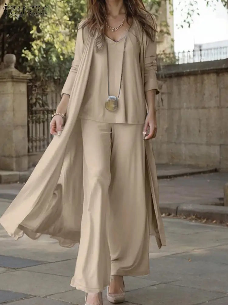 Women’s 3-Piece Wide Leg Pants Set with Long Cardigan