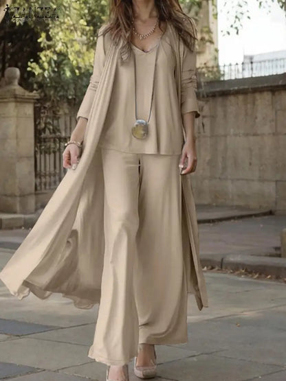 Women’s 3-Piece Wide Leg Pants Set with Long Cardigan