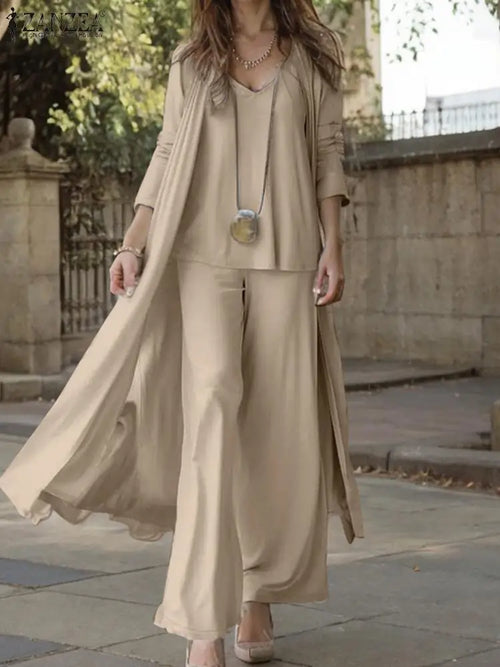 Women’s 3-Piece Wide Leg Pants Set with Long Cardigan