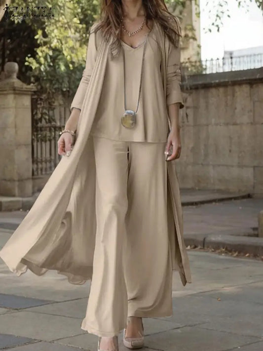 Women’s 3-Piece Wide Leg Pants Set with Long Cardigan