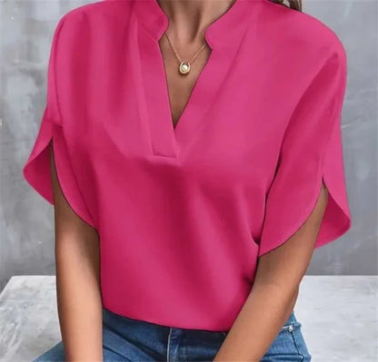 Women’s V-Neck Notch Collar Short Sleeve Loose Blouse