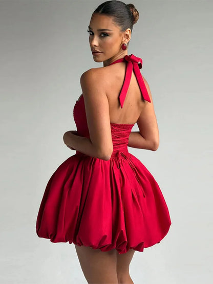 Halter Neck Polka Dot Bubble Hem Mini Dress