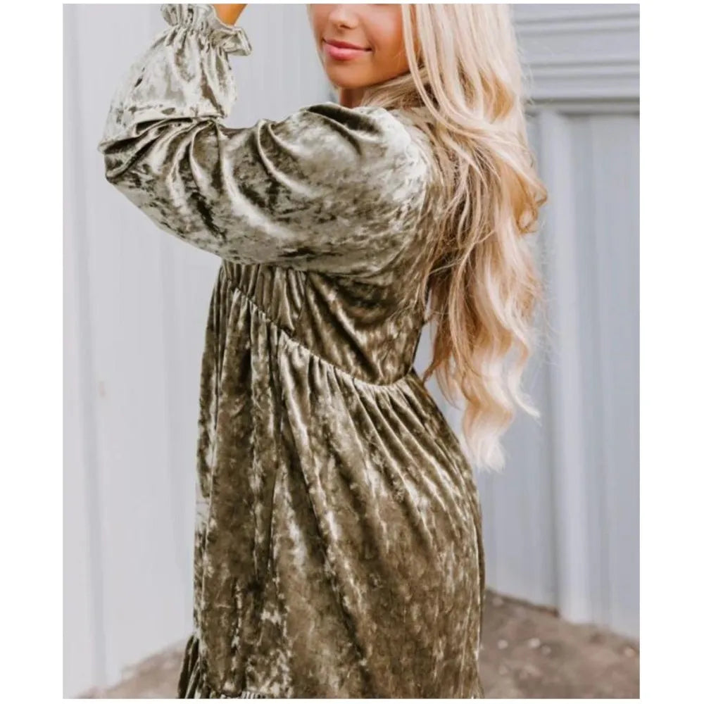 Velvet V-Neck Long Sleeve Babydoll Mini Dress with Ruffle Hem