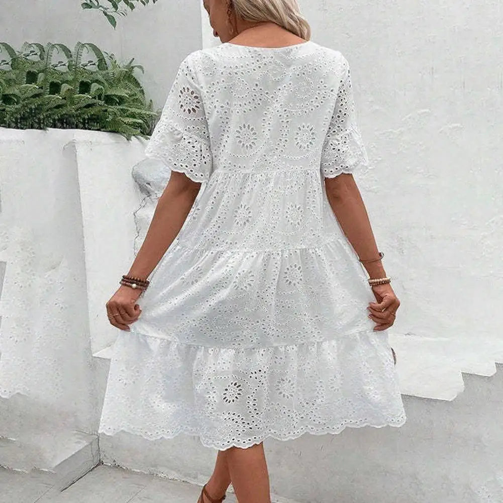 Elegant V-Neck Lace Detail Button Front Midi Dress