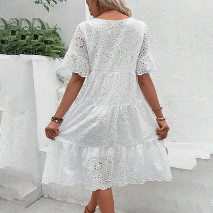 Elegant V-Neck Lace Detail Button Front Midi Dress