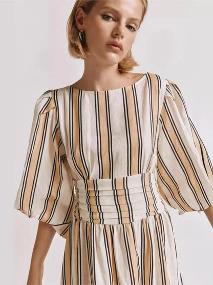 Vertical Stripe Cinched Waist Midi Dress