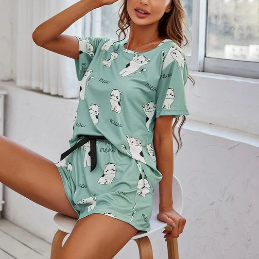 Women’s Cartoon Print Short Sleeve Pajama Set
