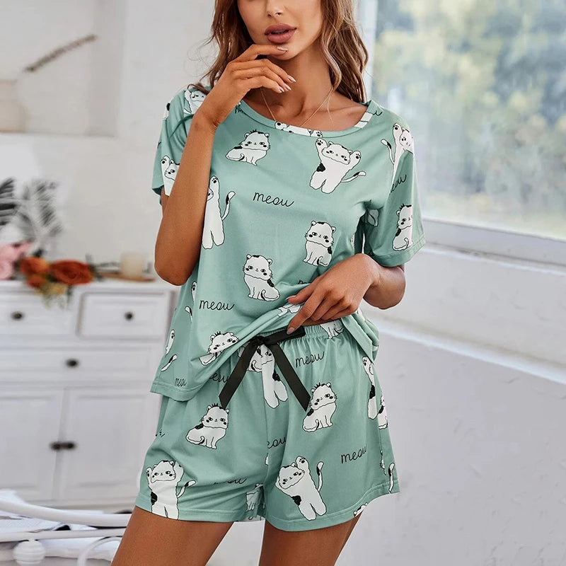 Women’s Cartoon Print Short Sleeve Pajama Set