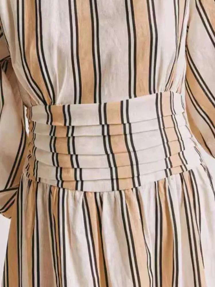 Vertical Stripe Cinched Waist Midi Dress