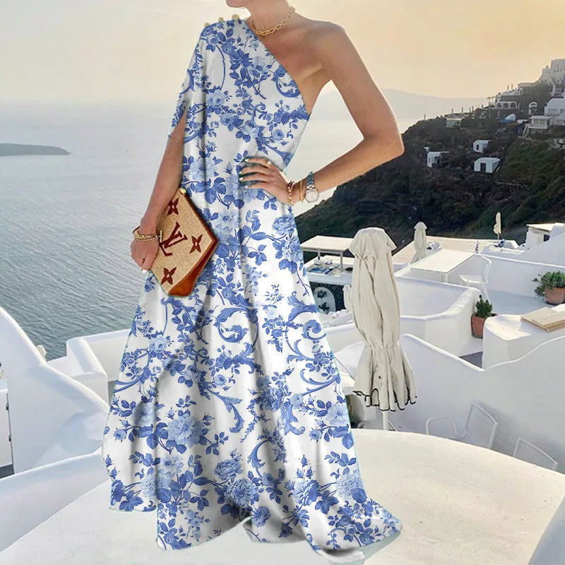 One Shoulder A-Line Maxi Dress with Gold Button Detail