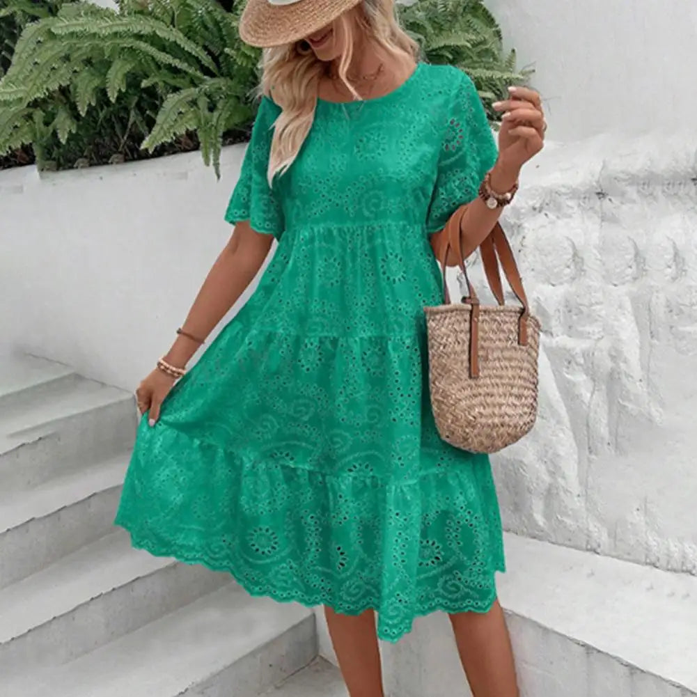 Elegant V-Neck Lace Detail Button Front Midi Dress