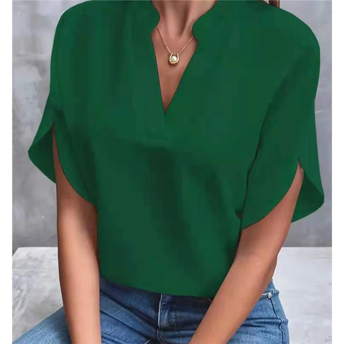 Women’s V-Neck Notch Collar Short Sleeve Loose Blouse