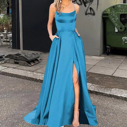 Spaghetti Strap Side Slit Satin Maxi Dress