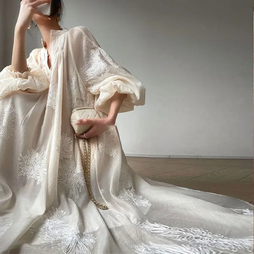 Apricot Embroidered Lantern Sleeve Maxi Dress