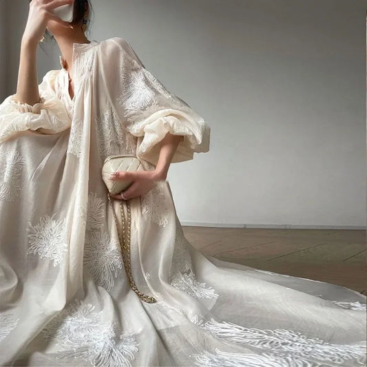 Apricot Embroidered Lantern Sleeve Maxi Dress