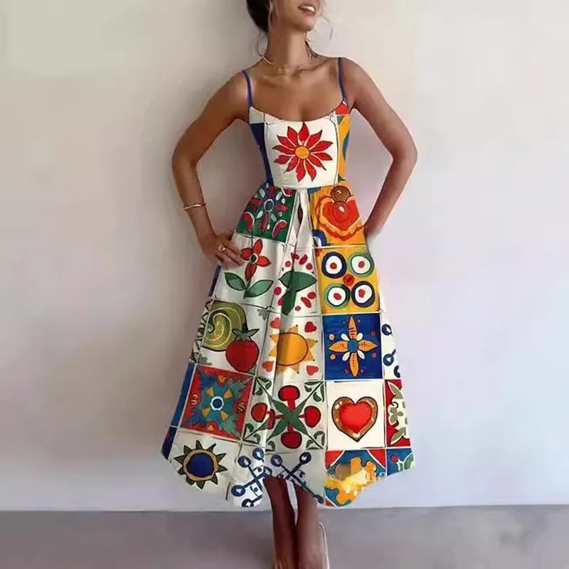 Graphic Print Spaghetti Strap Midi Dress
