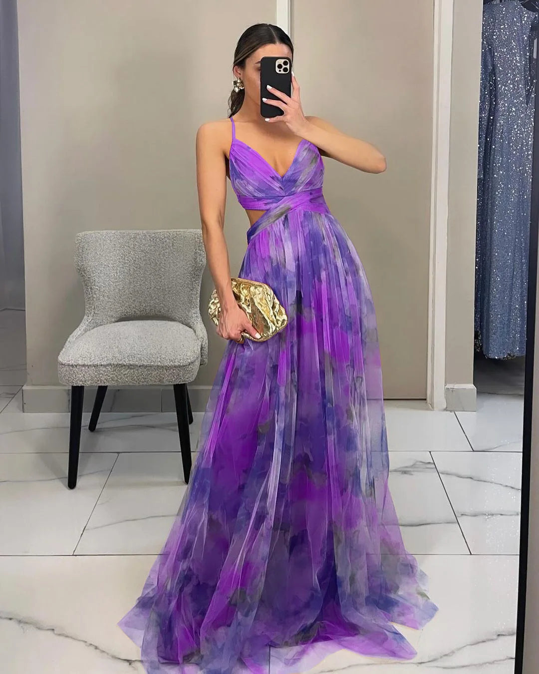 Floral Tulle Cut-Out Waist Lace-Up Back Maxi Dress