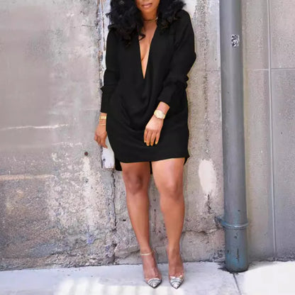 Deep V-Neck Long Sleeve Mini Dress