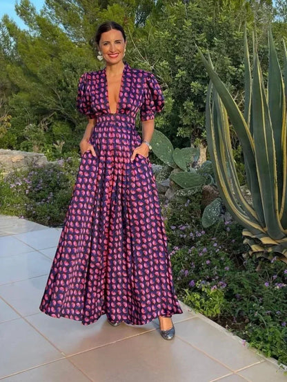 Printed Puff Sleeve V-Neck Midi Dress