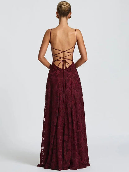 Floral Jacquard Lace-Up Maxi Dress