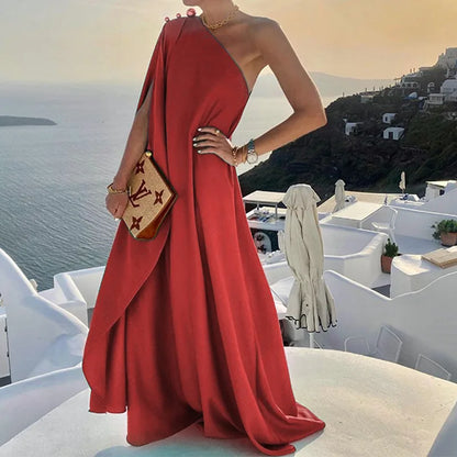 One Shoulder A-Line Maxi Dress with Gold Button Detail