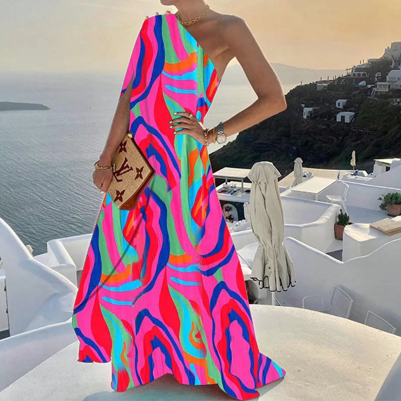 One Shoulder A-Line Maxi Dress with Gold Button Detail