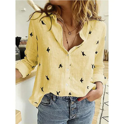 Women’s Vintage Cotton Linen Floral Print Long Sleeve Casual Blouse