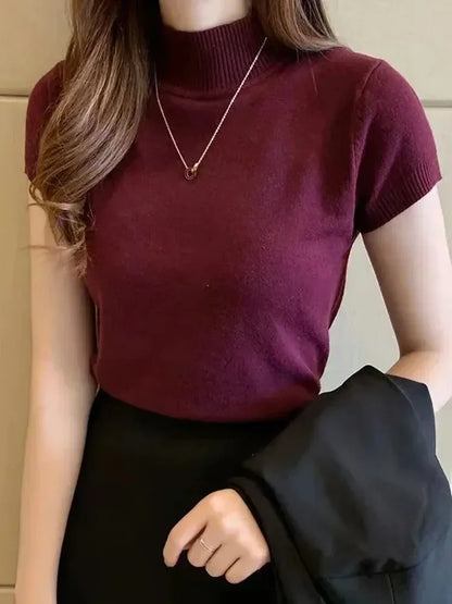 Women’s Mock Neck Short Sleeve Fitted Knit Top