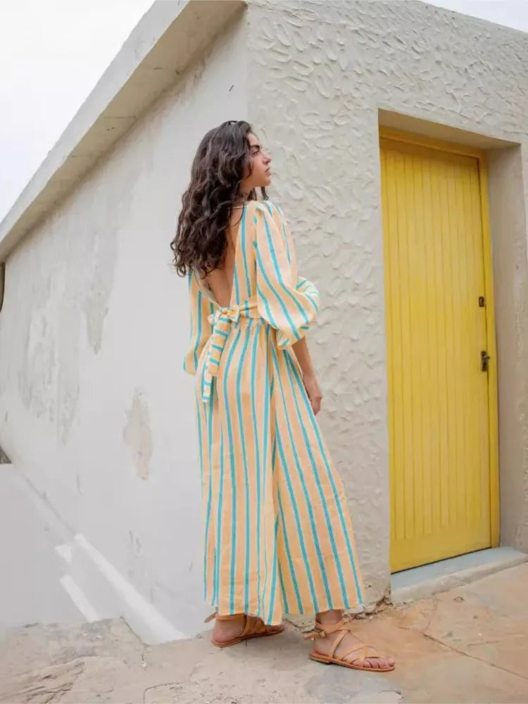Vertical Stripe Cinched Waist Midi Dress