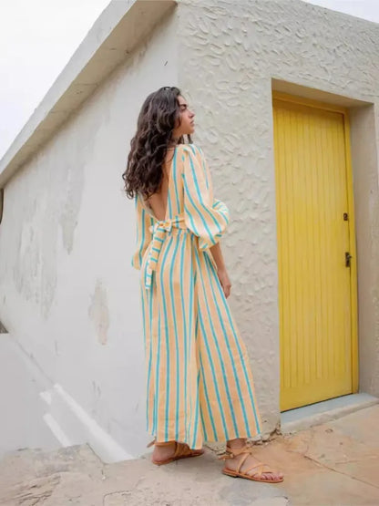Vertical Stripe Cinched Waist Midi Dress