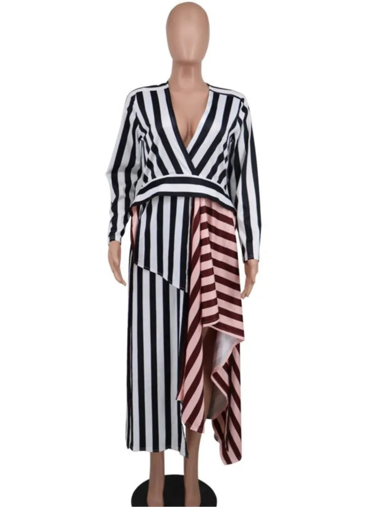 Striped Patchwork Deep V Long Sleeve Maxi Dress