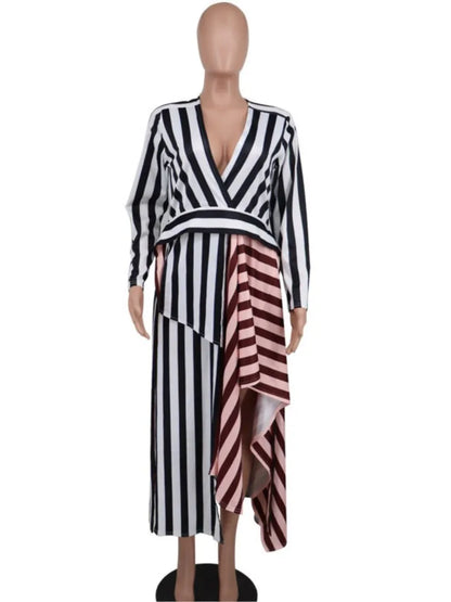 Striped Patchwork Deep V Long Sleeve Maxi Dress