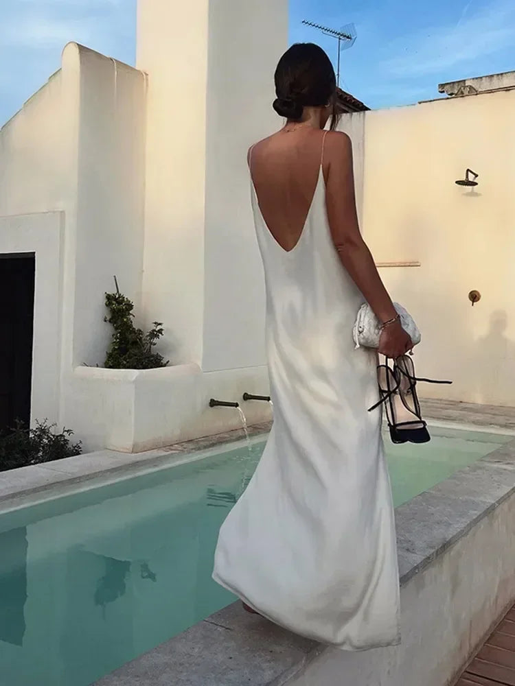 Solid V-Neck Spaghetti Strap Maxi Dress