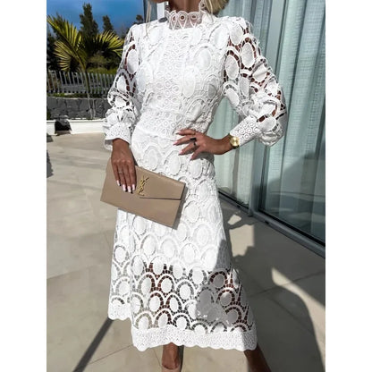 High Neck Lace Hollow Long Sleeve Elegant Midi Dress
