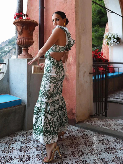 Floral V-Neck Ruffle Strap Cut-Out Midi Dress