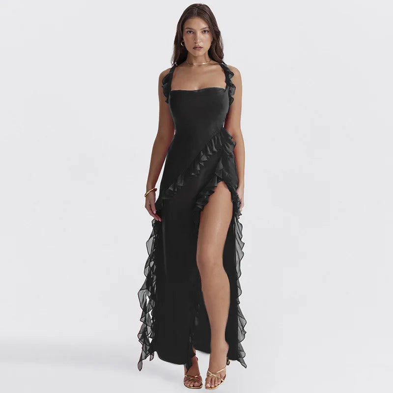 Square Neck Ruffled Slit Maxi Dress