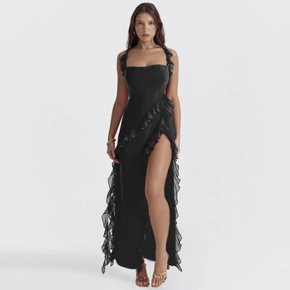 Square Neck Ruffled Slit Maxi Dress