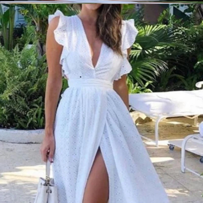 V-Neck Ruffle Sleeve Tie Waist Dress