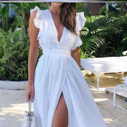 V-Neck Ruffle Sleeve Tie Waist Dress